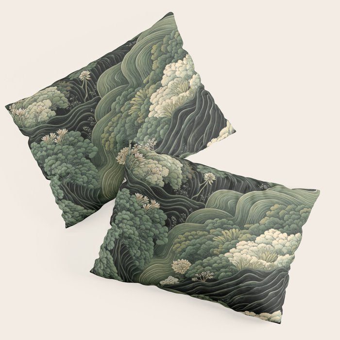 Japanese Painting Green Forest Art Dopamine Decor Wabi Sabi Art Maximalist Wall Art Japandi Art Pillow Sham Gallery Image 1