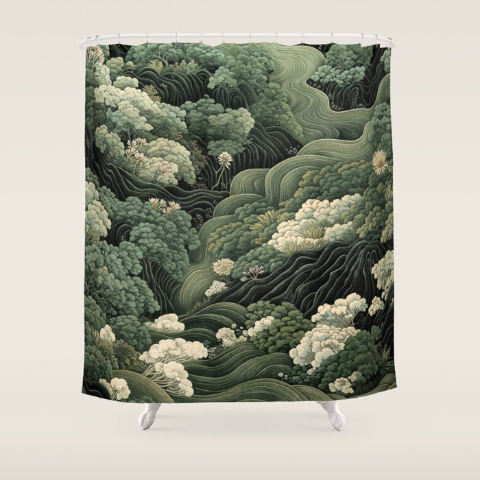 Japanese Painting Green Forest Art Dopamine Decor Wabi Sabi Art Maximalist Wall Art Japandi Art Shower Curtain Gallery Image 1