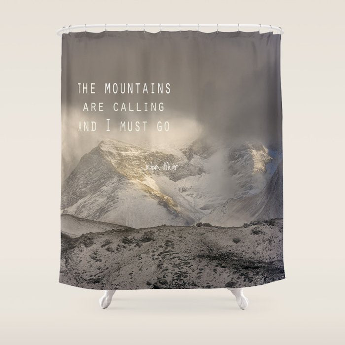 The Mountains are calling, and I must go.  John Muir. Vintage. Shower Curtain Gallery Image 1