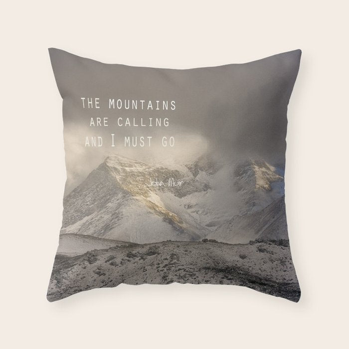 The Mountains are calling, and I must go.  John Muir. Vintage. Throw Pillow Gallery Image 6