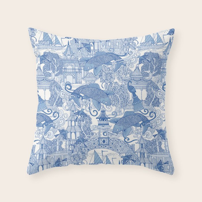 chinoiserie toile blue Throw Pillow Gallery Image 6