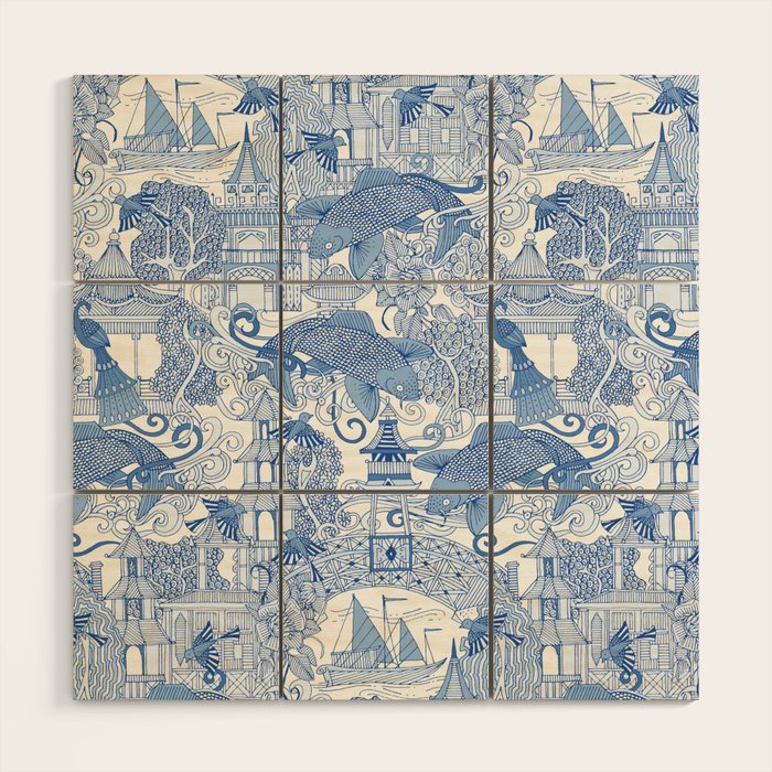 chinoiserie toile blue Wood Wall Art Gallery Image 1