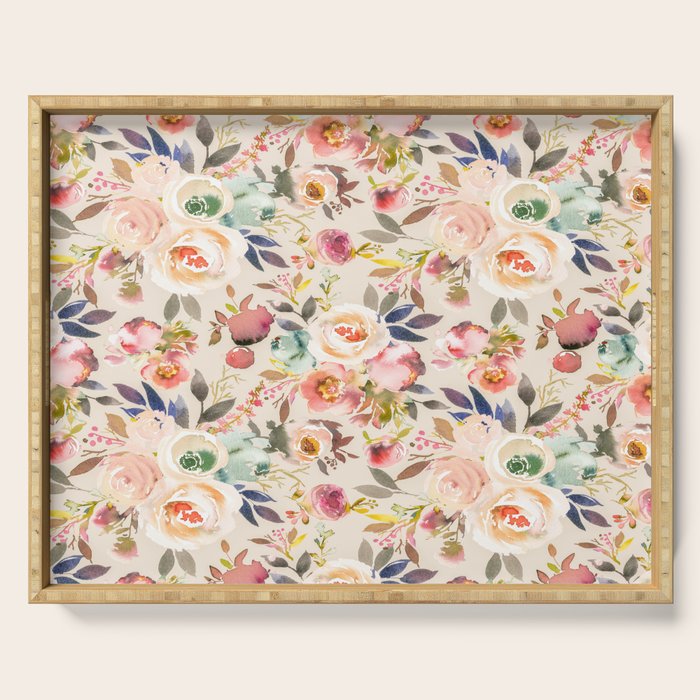 Hand painted ivory pink brown watercolor country floral Serving Tray Gallery Image 1