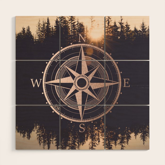Rose Gold Compass Forest Wood Wall Art Gallery Image 1