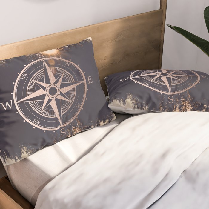 Rose Gold Compass Forest Pillow Sham Gallery Image 2