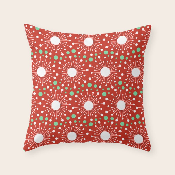Christmas Holiday MidCentury Modern Atomic Snowflakes in Red Green and White Throw Pillow Gallery Image 6