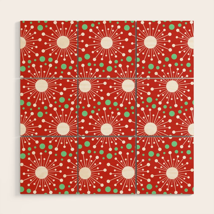 Christmas Holiday MidCentury Modern Atomic Snowflakes in Red Green and White Wood Wall Art Gallery Image 1