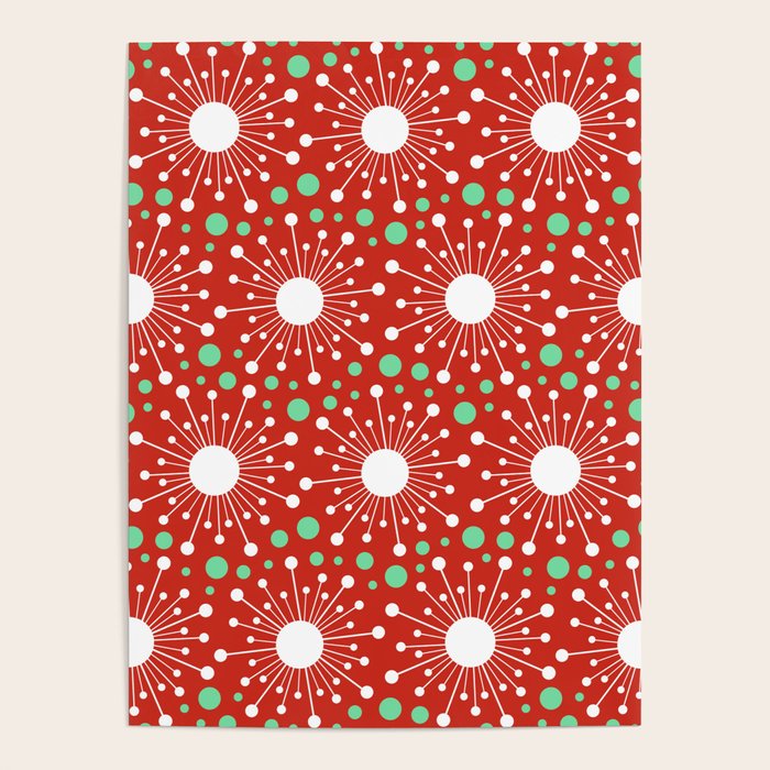 Christmas Holiday MidCentury Modern Atomic Snowflakes in Red Green and White Poster Gallery Image 4