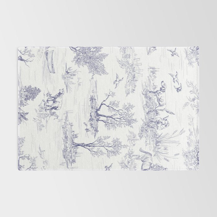 Toile de Jouy Vintage French Navy Blue White Pattern Rug Gallery Image 2