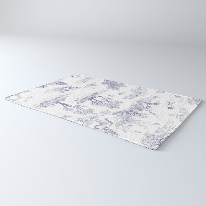 Toile de Jouy Vintage French Navy Blue White Pattern Rug Gallery Image 3