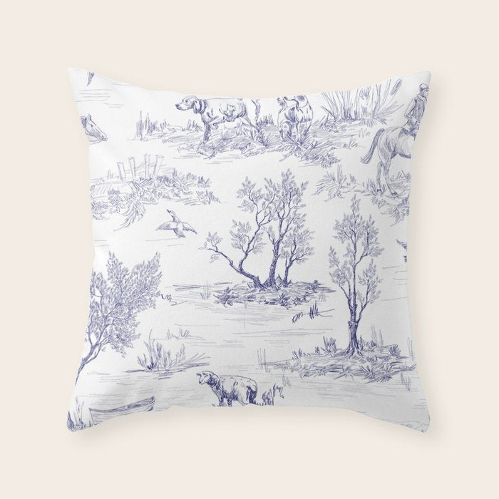 Toile de Jouy Vintage French Navy Blue White Pattern Throw Pillow Gallery Image 6