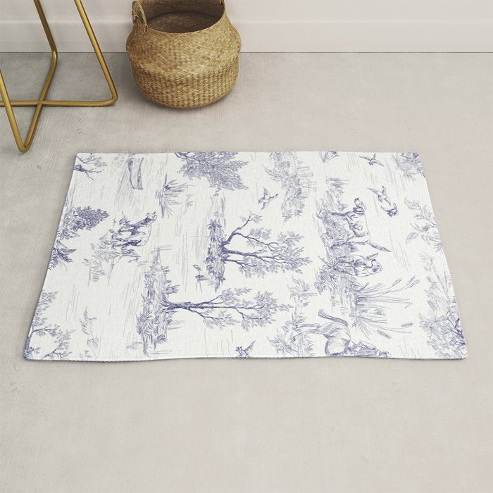 Toile de Jouy Vintage French Navy Blue White Pattern Rug Gallery Image 1