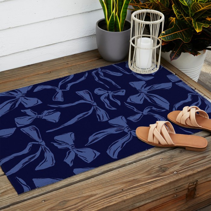 Blue bow pattern with dark background Outdoor Rug Gallery Image 2