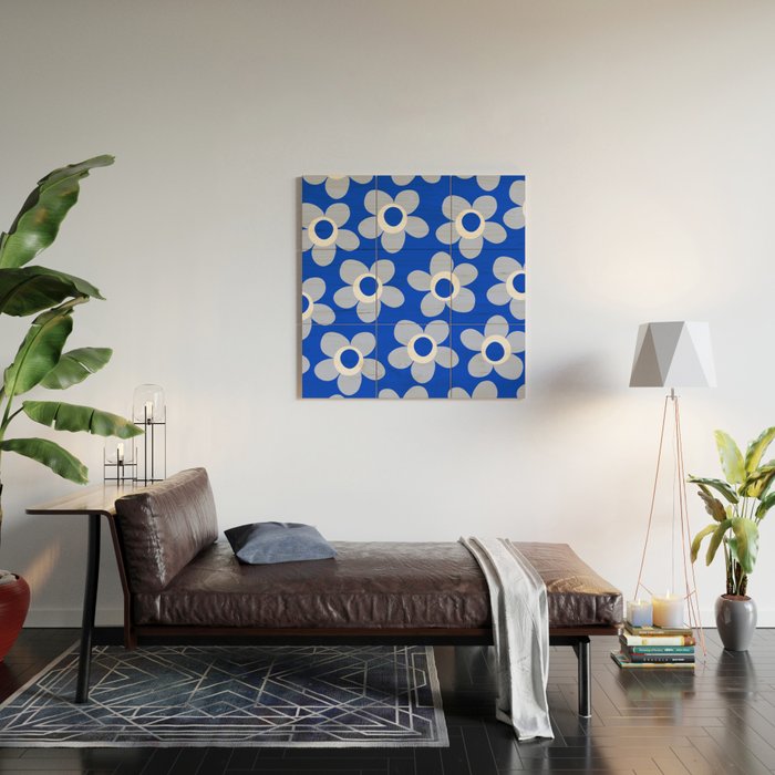 Blue Maisie Flowers Cheerful Floral Pattern in Royal Blue and Light Blue Wood Wall Art Gallery Image 2