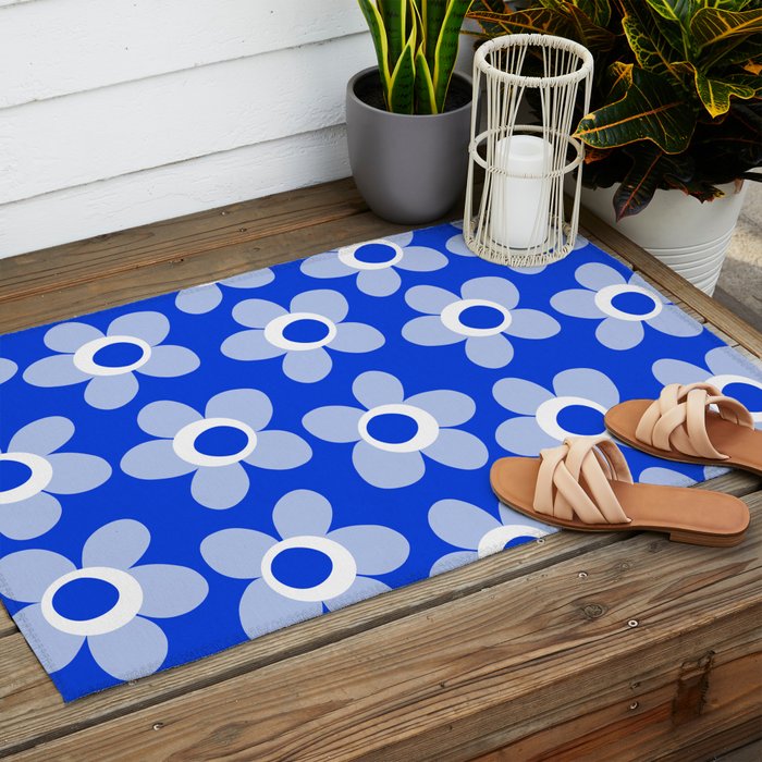 Blue Maisie Flowers Cheerful Floral Pattern in Royal Blue and Light Blue Outdoor Rug Gallery Image 2