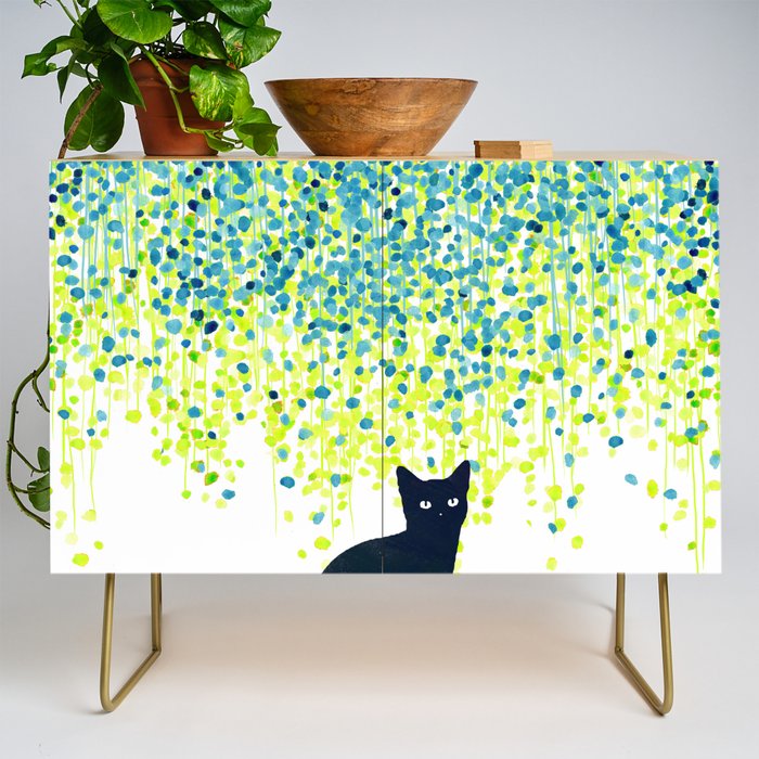Cat in the garden under willow tree Credenza Gallery Image 1