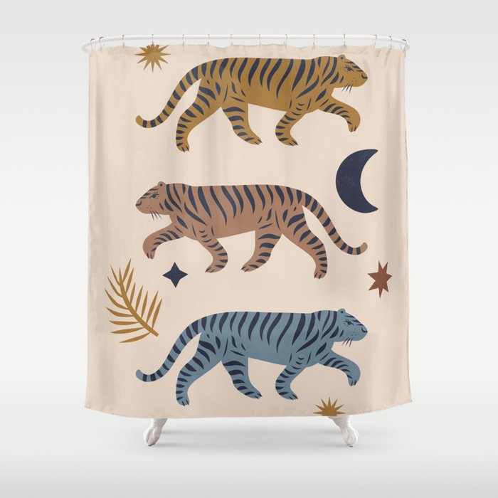 Celestial Tigers with Moon and Stars Shower Curtain Gallery Image 1