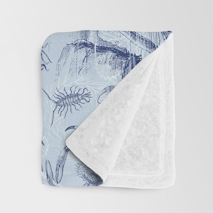 Coral Reef Life Underwater Sea Scene Blue Monochromatic Toile Pattern  Throw Blanket Gallery Image 3