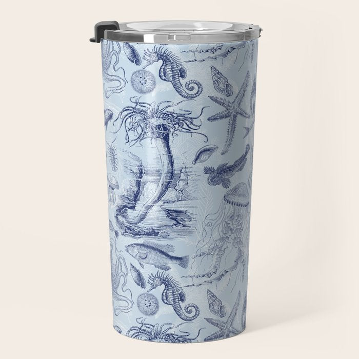 Coral Reef Life Underwater Sea Scene Blue Monochromatic Toile Pattern  Travel Mug Gallery Image 3