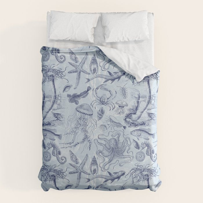 Coral Reef Life Underwater Sea Scene Blue Monochromatic Toile Pattern  Duvet Cover Gallery Image 6
