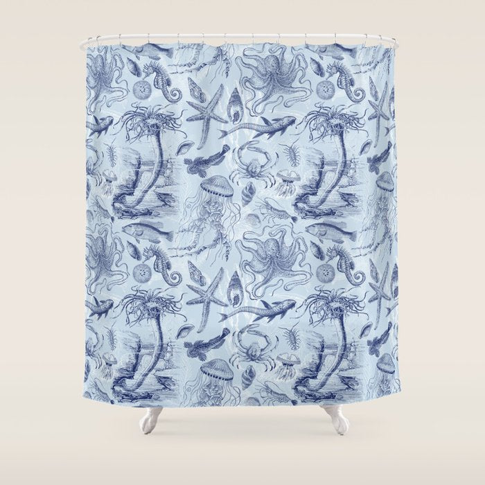 Coral Reef Life Underwater Sea Scene Blue Monochromatic Toile Pattern  Shower Curtain Gallery Image 1
