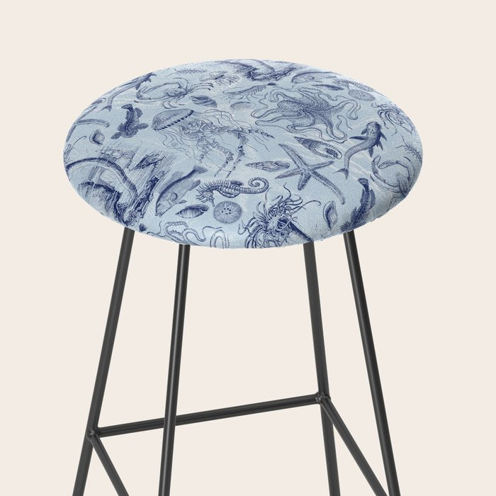 Coral Reef Life Underwater Sea Scene Blue Monochromatic Toile Pattern  Stool Gallery Image 2