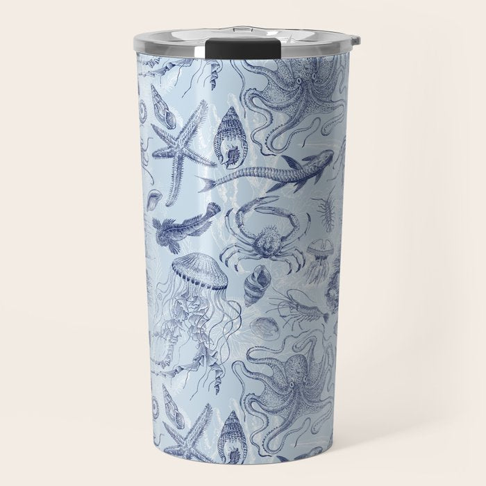 Coral Reef Life Underwater Sea Scene Blue Monochromatic Toile Pattern  Travel Mug Gallery Image 1