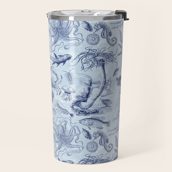 Coral Reef Life Underwater Sea Scene Blue Monochromatic Toile Pattern  Travel Mug Gallery Image 2