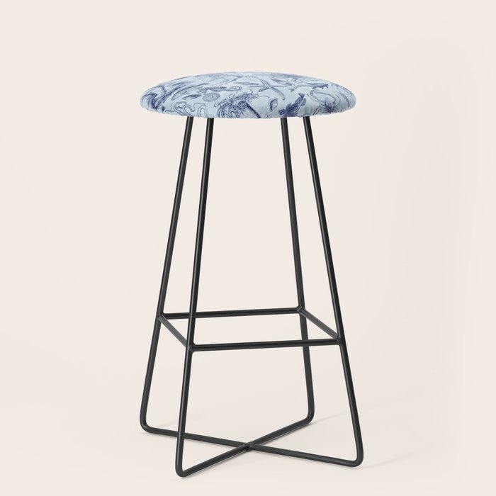 Coral Reef Life Underwater Sea Scene Blue Monochromatic Toile Pattern  Stool Gallery Image 1