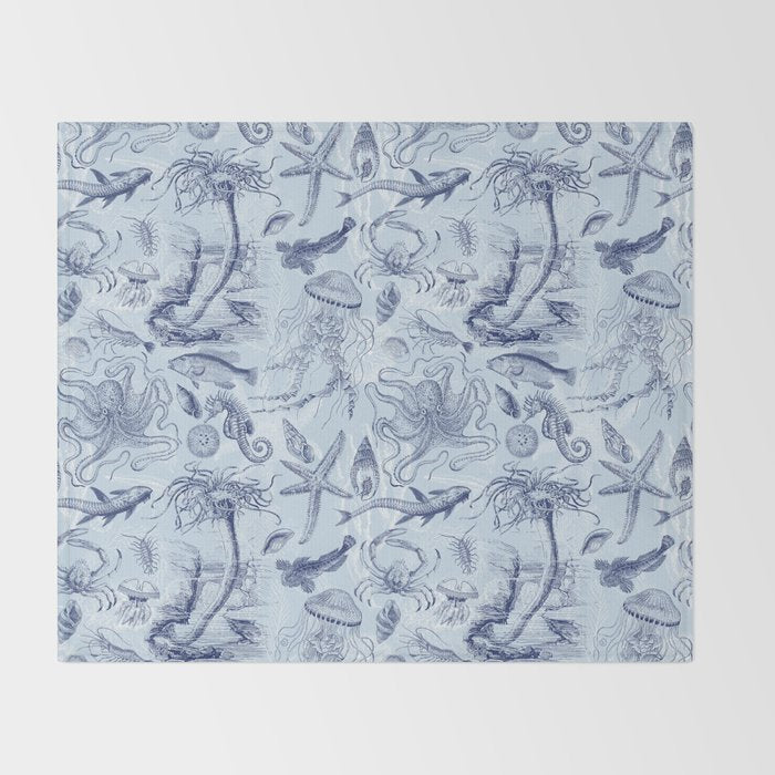 Coral Reef Life Underwater Sea Scene Blue Monochromatic Toile Pattern  Throw Blanket Gallery Image 2