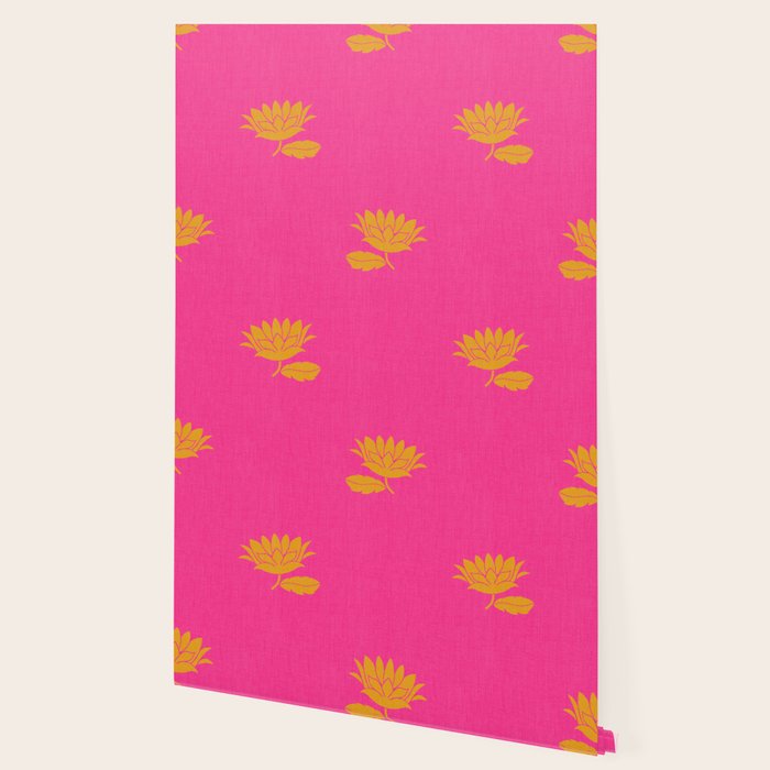 Art Nouveau Yellow Tropical Flowers - Hot Pink Pattern Wallpaper Gallery Image 2