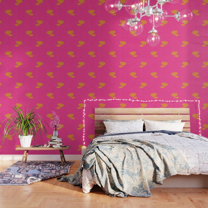 Art Nouveau Yellow Tropical Flowers - Hot Pink Pattern Wallpaper Gallery Image 3