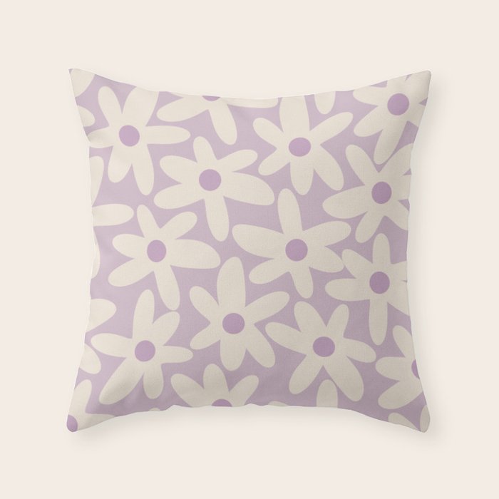 Daisy Time Retro Floral Pattern in Lavender Cream Throw Pillow Gallery Image 6