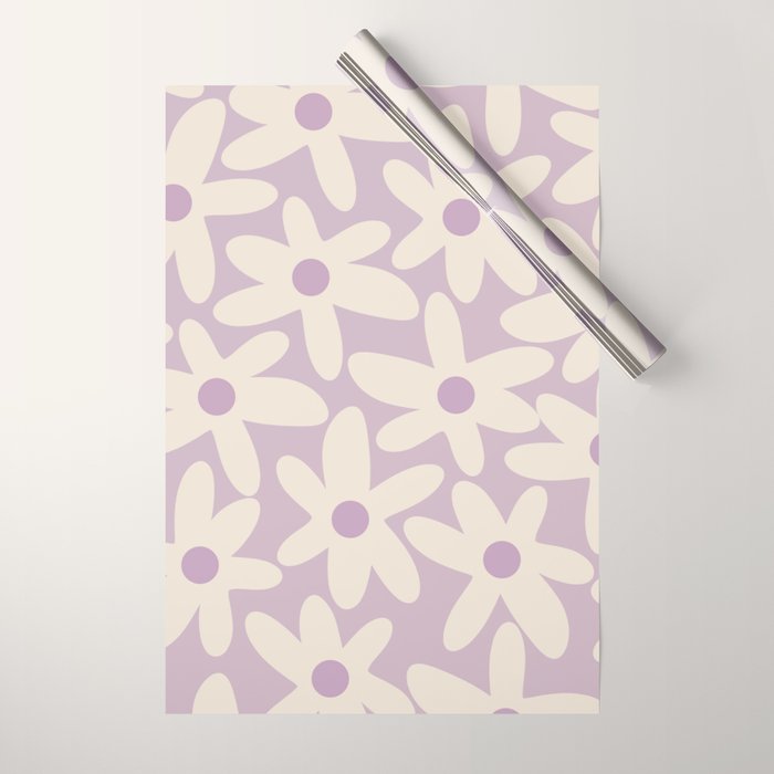Daisy Time Retro Floral Pattern in Lavender Cream Wrapping Paper Gallery Image 1