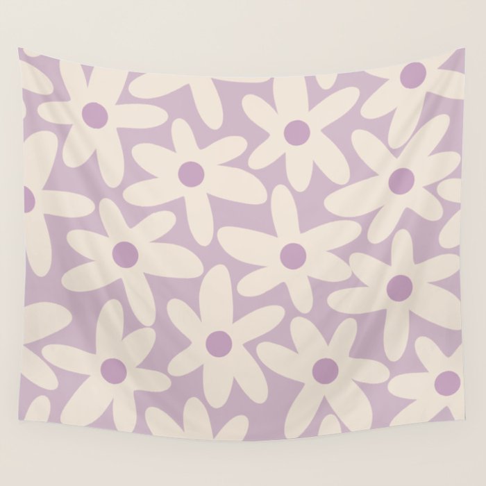Daisy Time Retro Floral Pattern in Lavender Cream Wall Tapestry Gallery Image 1