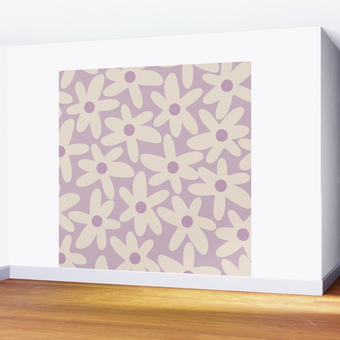 Daisy Time Retro Floral Pattern in Lavender Cream Wall Mural Gallery Image 2