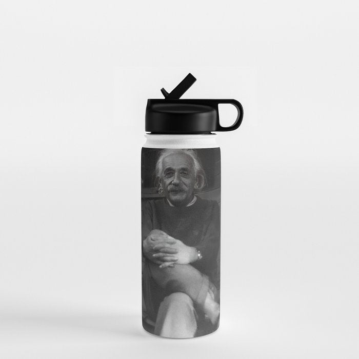 Funny Einstein in Fuzzy Slippers Classic Black and White Satirical Photography - Photographs Water Bottle Gallery Image 1