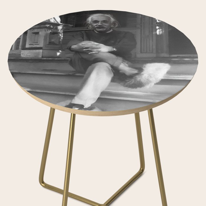 Funny Einstein in Fuzzy Slippers Classic Black and White Satirical Photography - Photographs Side Table Gallery Image 2