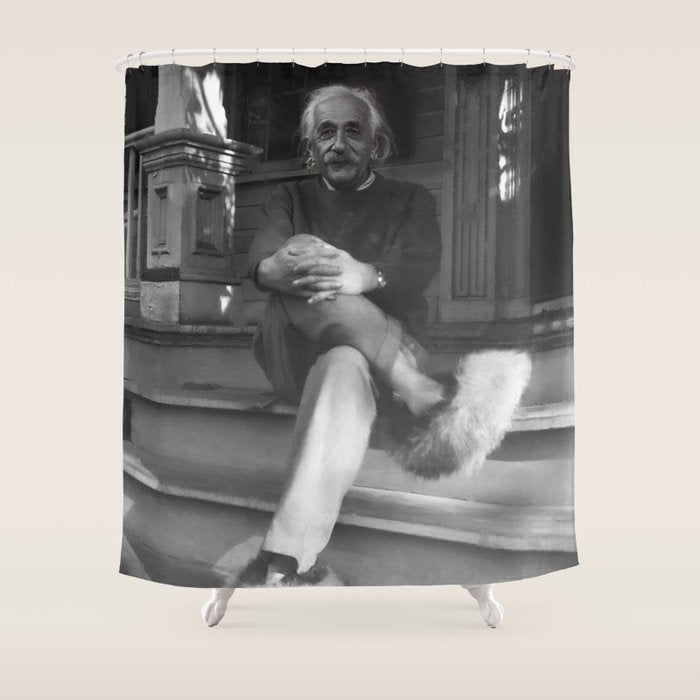 Funny Einstein in Fuzzy Slippers Classic Black and White Satirical Photography - Photographs Shower Curtain Gallery Image 1