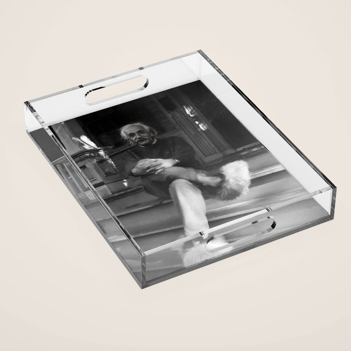Funny Einstein in Fuzzy Slippers Classic Black and White Satirical Photography - Photographs Acrylic Tray Gallery Image 1