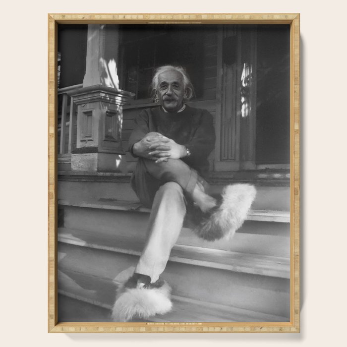 Funny Einstein in Fuzzy Slippers Classic Black and White Satirical Photography - Photographs Serving Tray Gallery Image 1