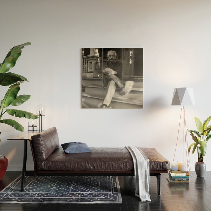 Funny Einstein in Fuzzy Slippers Classic Black and White Satirical Photography - Photographs Wood Wall Art Gallery Image 2