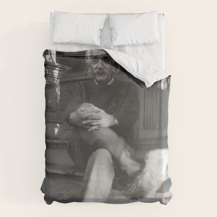 Funny Einstein in Fuzzy Slippers Classic Black and White Satirical Photography - Photographs Duvet Cover Gallery Image 6