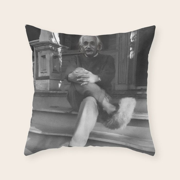Funny Einstein in Fuzzy Slippers Classic Black and White Satirical Photography - Photographs Throw Pillow Gallery Image 1