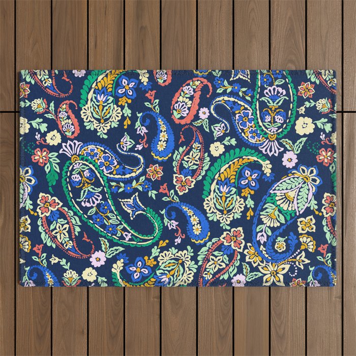Vibrant paisley print on dark Outdoor Rug