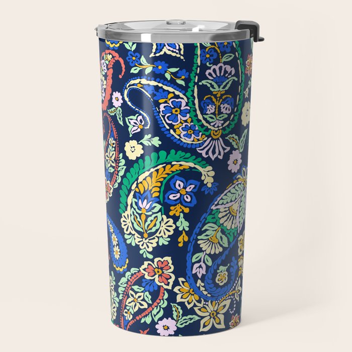 Vibrant paisley print on dark Travel Mug Gallery Image 2