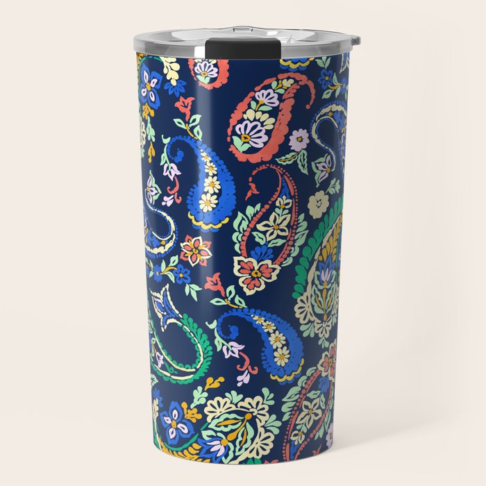 Vibrant paisley print on dark Travel Mug Gallery Image 1