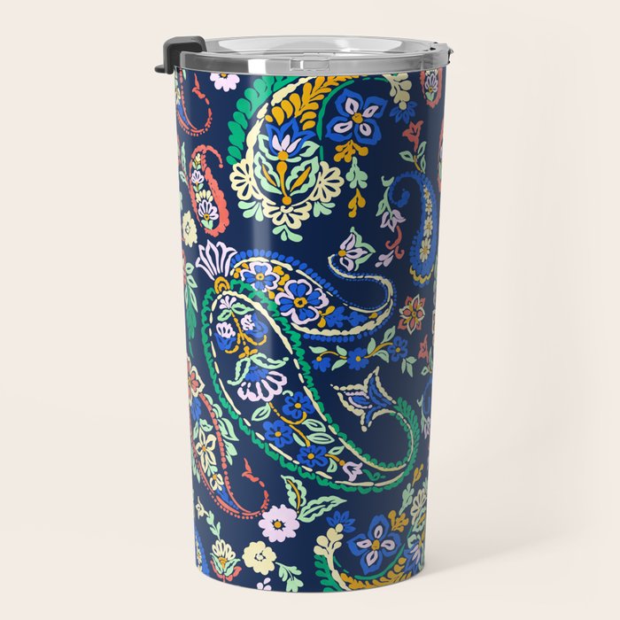 Vibrant paisley print on dark Travel Mug Gallery Image 3