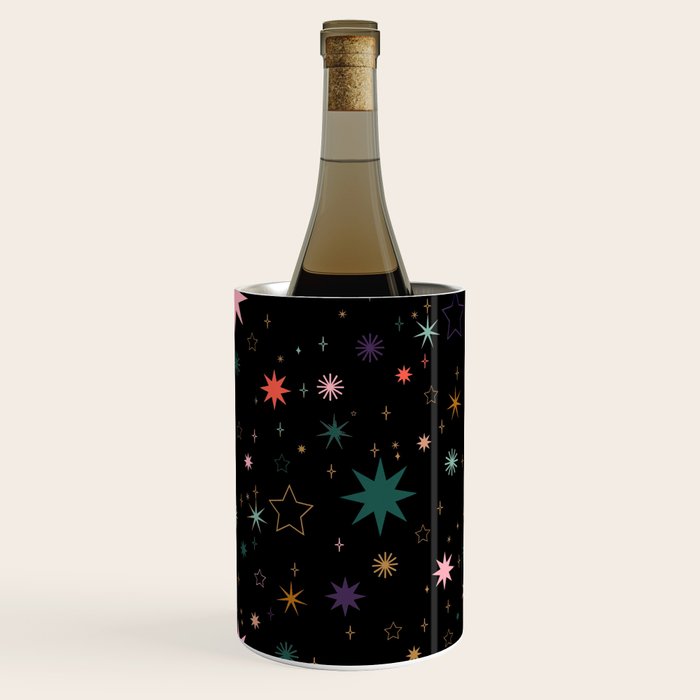 Colorful Starry Night Holiday Pattern on Black Background Wine Chiller Gallery Image 1
