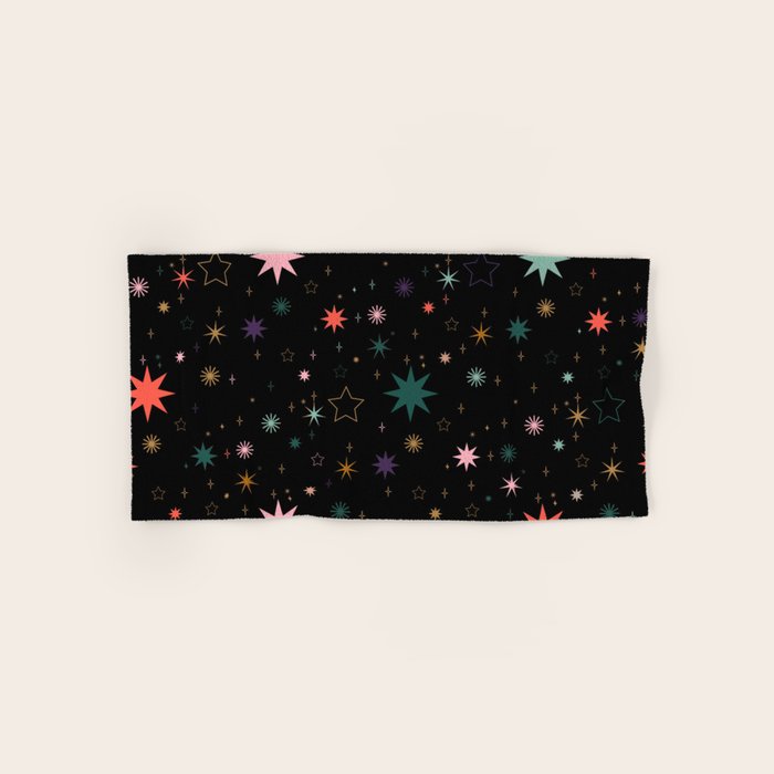 Colorful Starry Night Holiday Pattern on Black Background Bath Towel Gallery Image 1